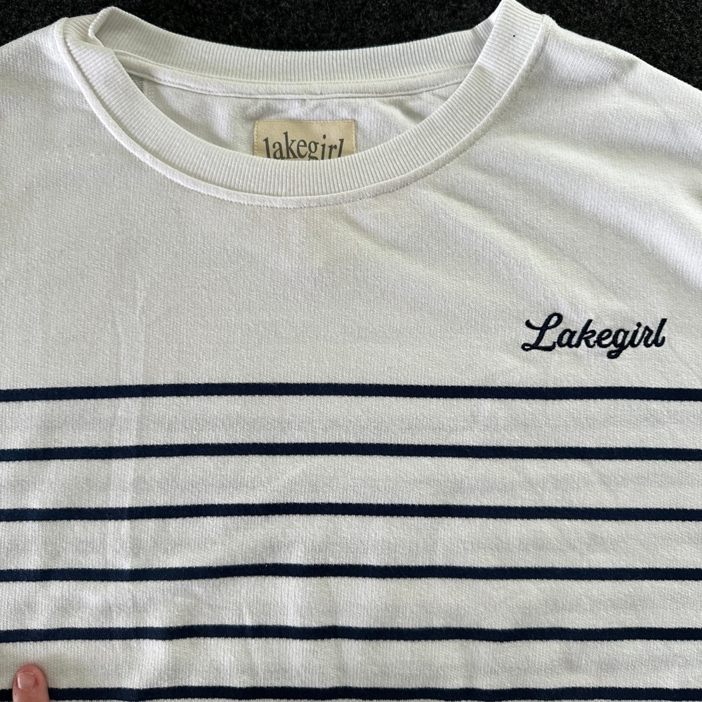 Lakegirl Womens 2X Striped Crewneck Sweatshirt White Navy Blue Nautical Pullover